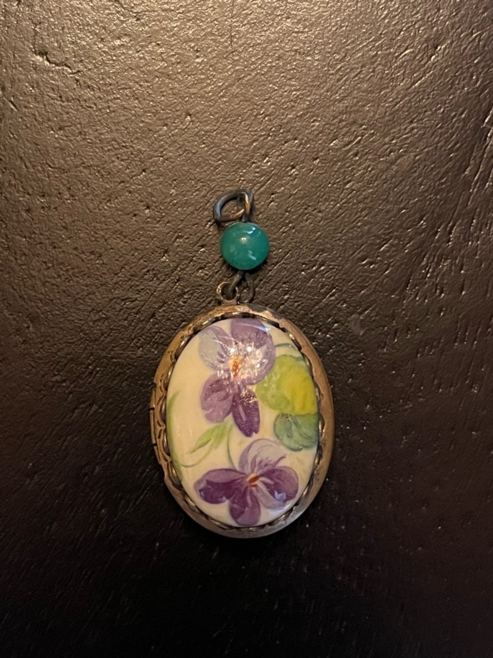 Vintage Hand-Painted Floral Oval Locket Pendant with Green Bead